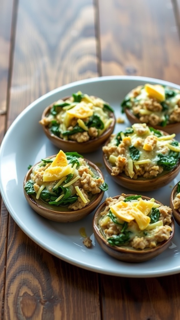 Stuffed portobello mushrooms with turkey and spinach filling, garnished with melted cheese, on a rustic wooden plate.